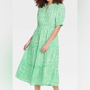 Green Dainty floral Cottagecore Midi length Dress with tiered skirt (L)